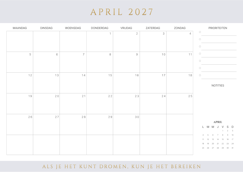 Kalender april 2027 Bruin
