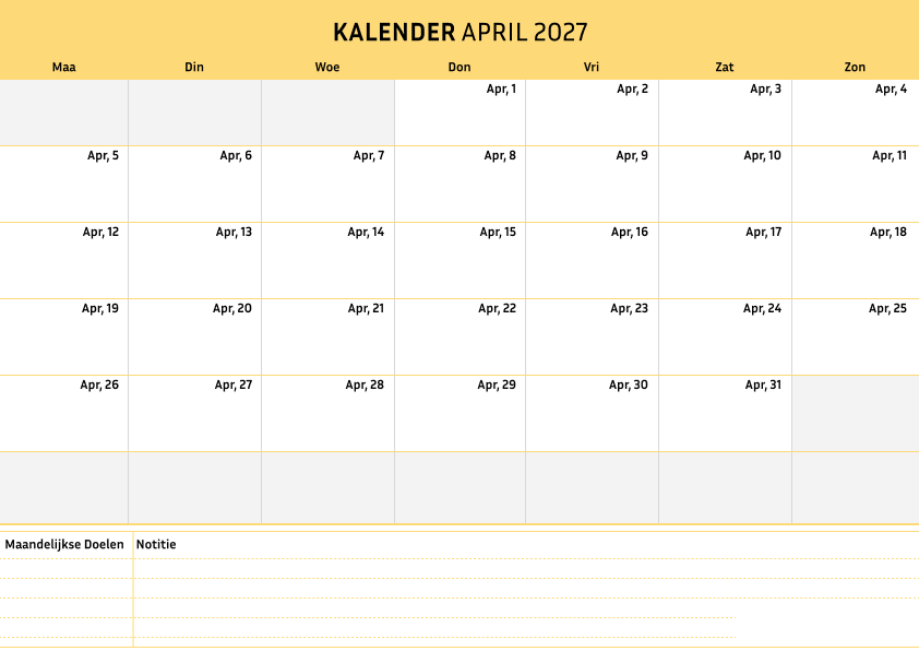 Kalender april 2027 Cremekleur