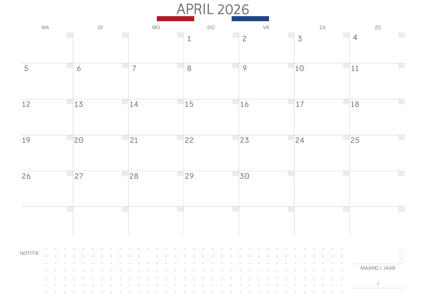 Kalender april 2027 Met Feestdagen Notities Salie