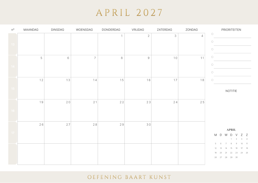 Kalender april 2027 Met Weeknummers Prioriteiten Latte