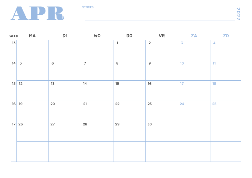 Kalender april 2027 Minimalistisch Hemelsblauw