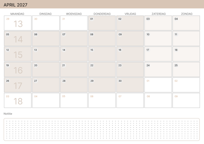 Kalender april 2027 Zachtgeel