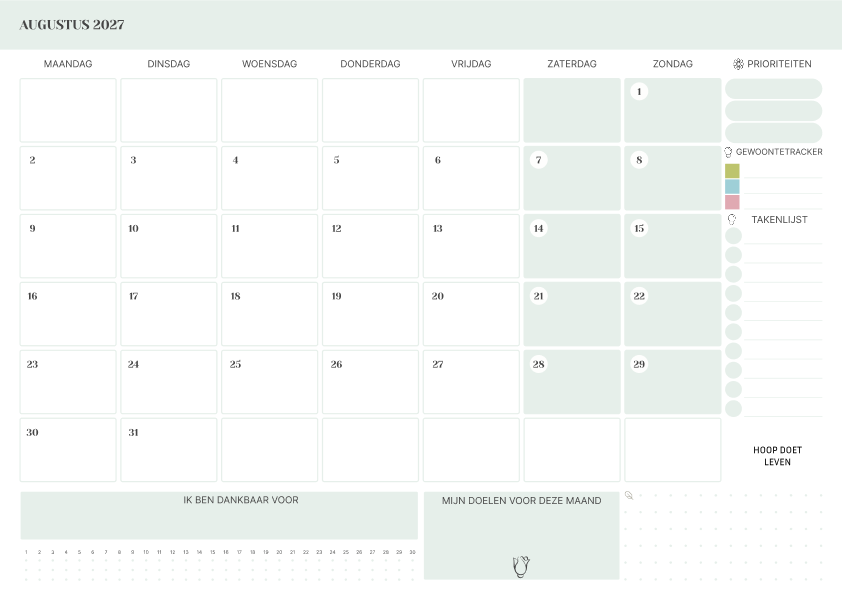 Kalender augustus 2026 Met Prioriteiten