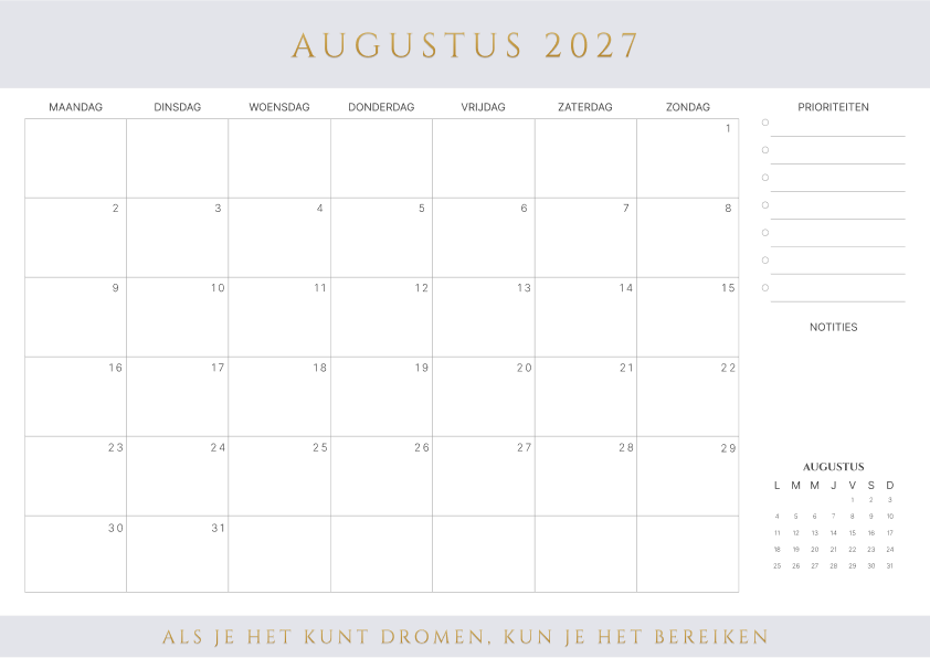 Kalender augustus 2027 Bruin