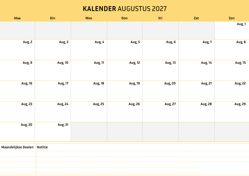 Kalender augustus 2027 Cremekleur