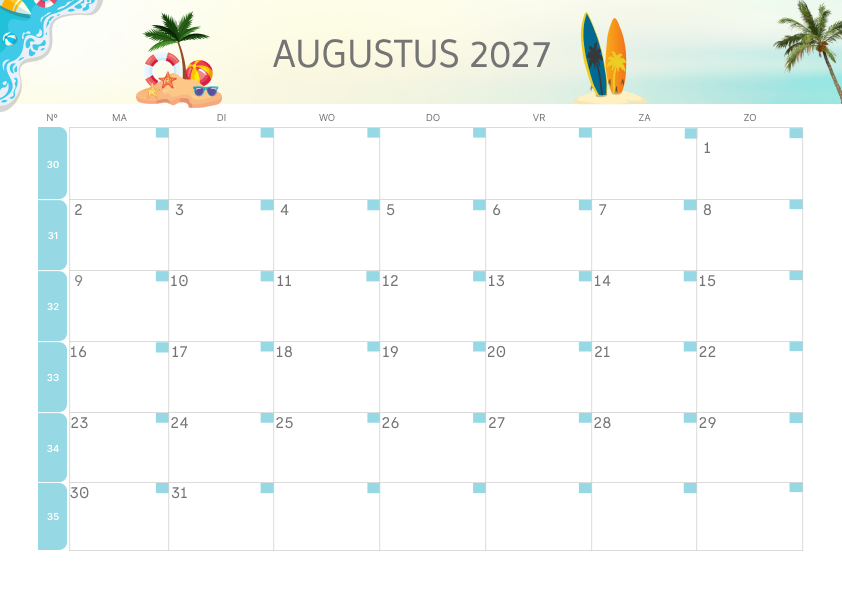 Calendario Mensile 2027 Agosto Minimalista
