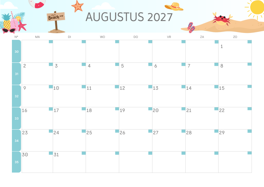 Calendario Mensile 2027 Agosto Estetico