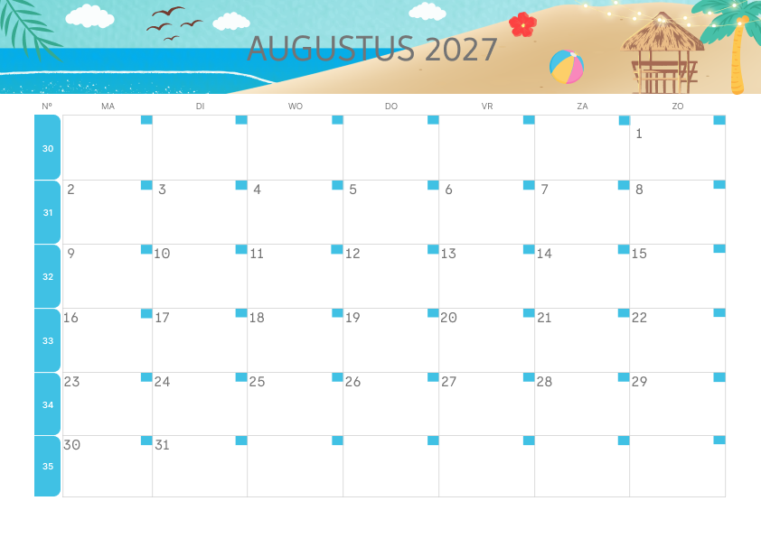 Calendario Mensile 2027 Agosto Colorato