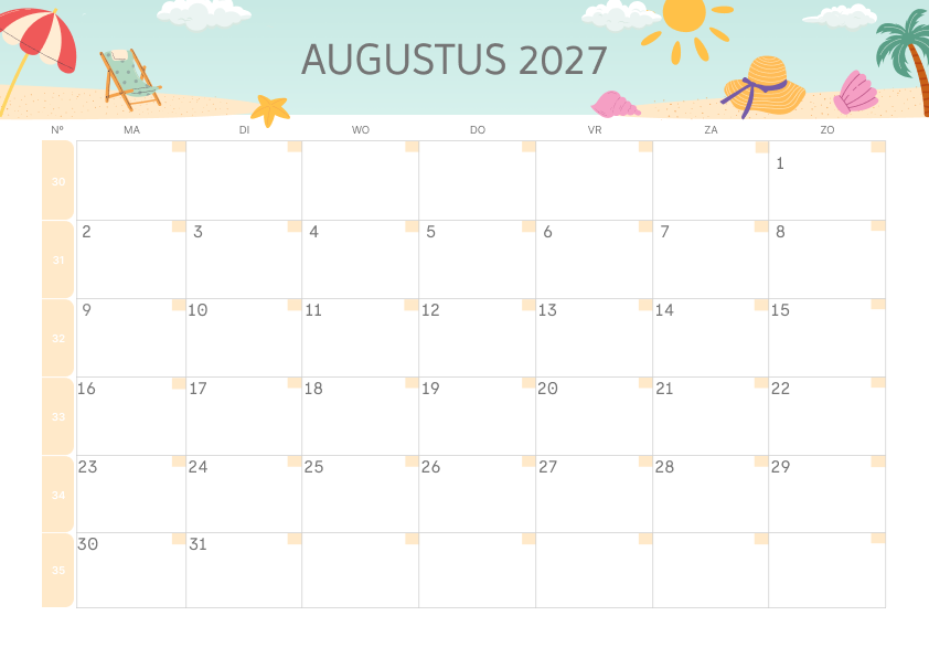 Calendario Mensile 2027 Agosto Tropicale