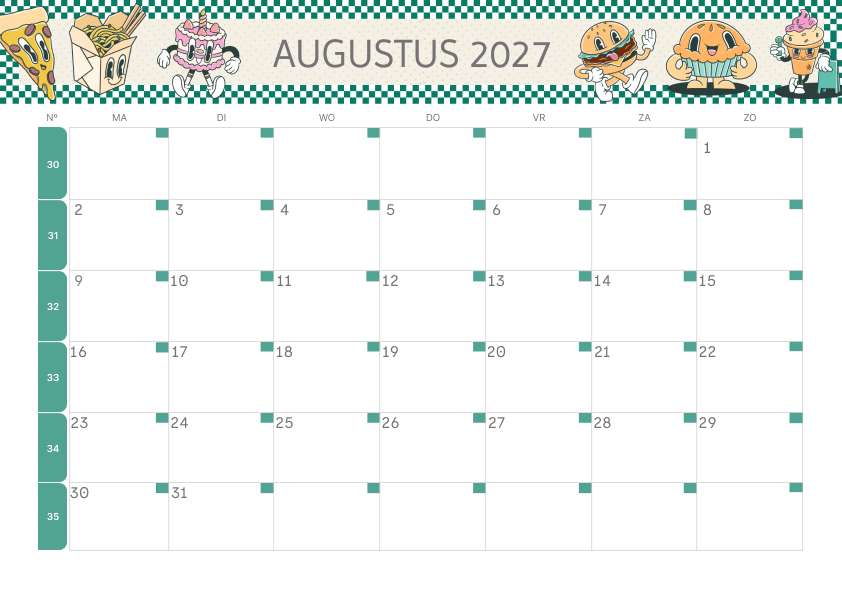 Calendario Mensile 2027 Agosto Minimalista