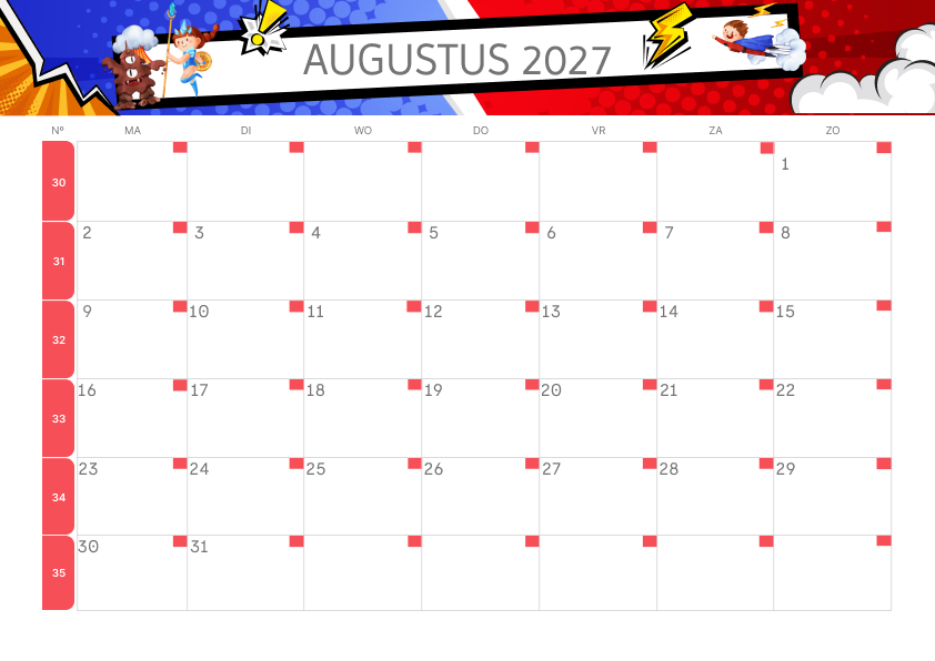 Calendario Mensile 2027 Agosto Estetico