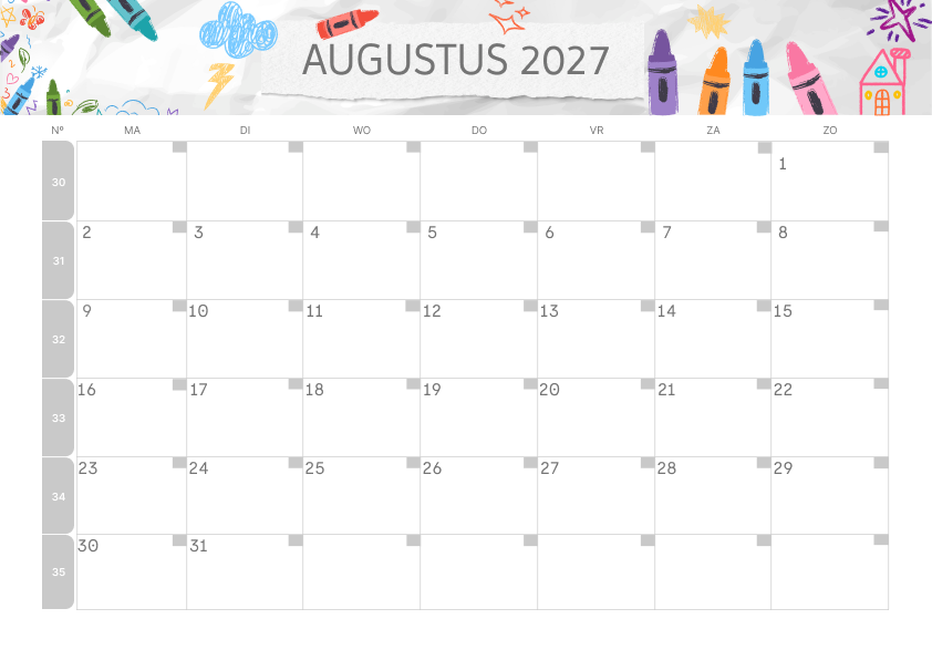 Calendario Mensile 2027 Agosto Colorato