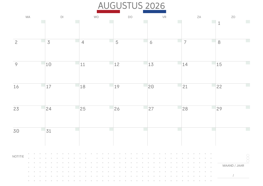 Kalender augustus 2027 Met Feestdagen Notities Salie