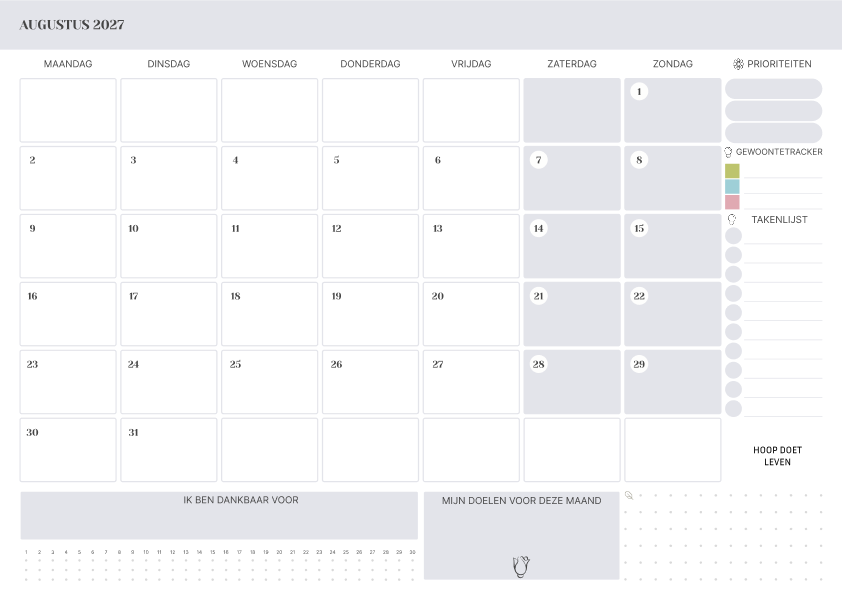 Kalender augustus 2027 Met Feestdagen To Do Lijst Lavendel