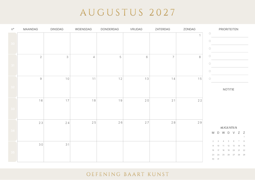 Kalender augustus 2027 Met Weeknummers Prioriteiten Latte
