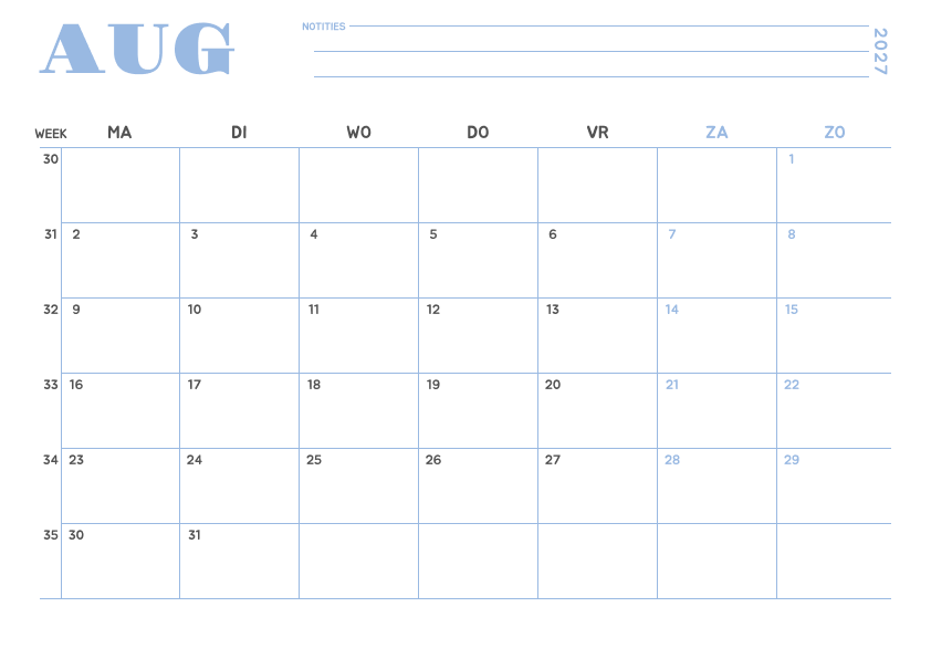 Kalender augustus 2027 Minimalistisch Hemelsblauw
