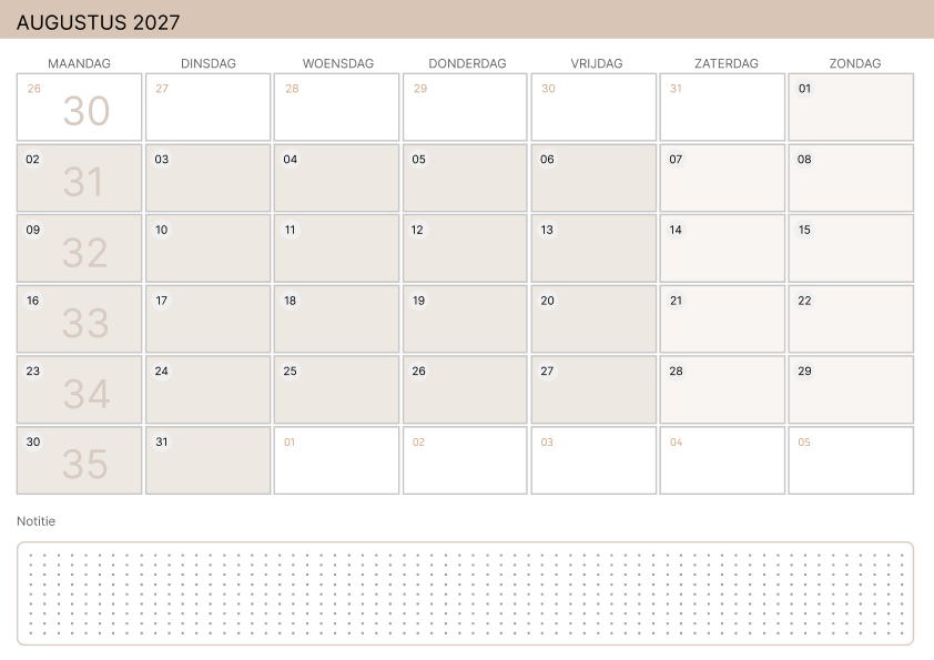 Kalender augustus 2027 Zachtgeel