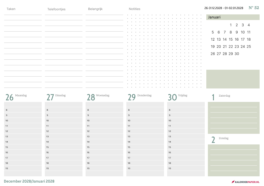 Bureaukalender 2028 Groen