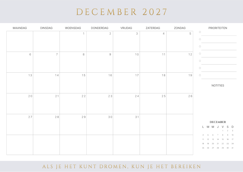 Kalender december 2027 Bruin