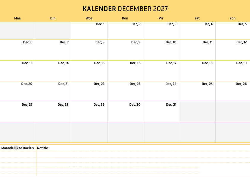 Kalender december 2027 Cremekleur