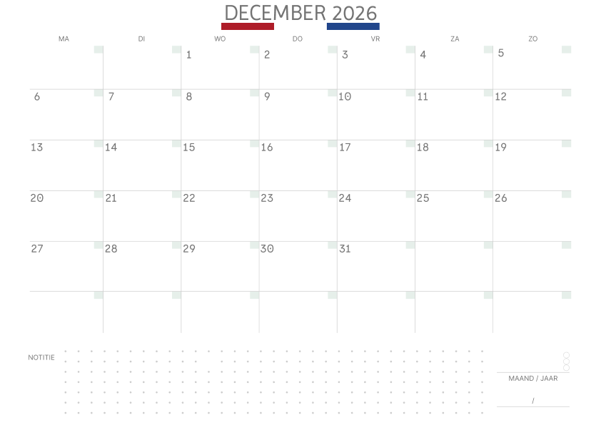 Kalender december 2027 Met Feestdagen Notities Salie