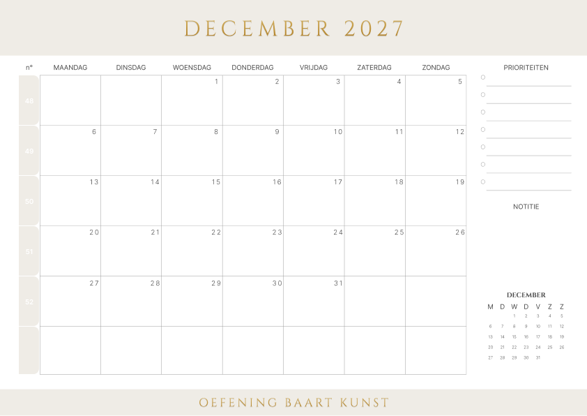 Kalender december 2027 Met Weeknummers Prioriteiten Latte