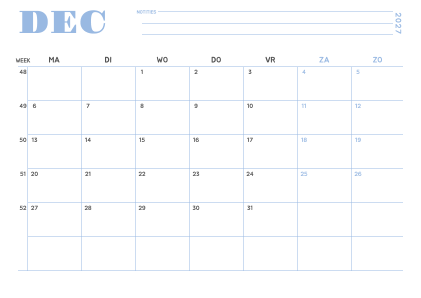 Kalender december 2027 Minimalistisch Hemelsblauw