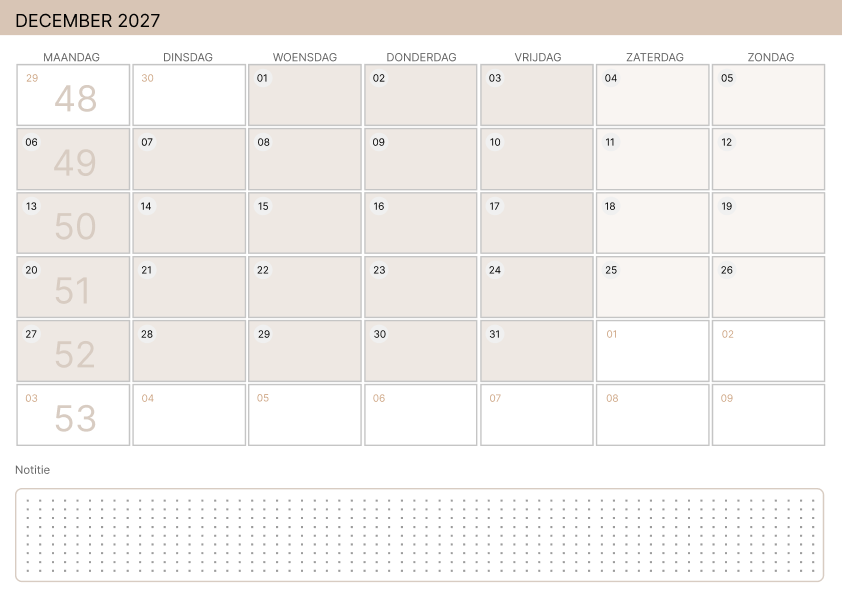 Kalender december 2027 Zachtgeel
