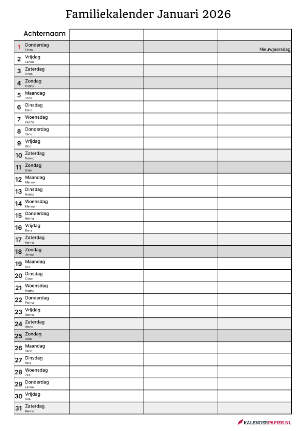 Familiekalender 2026 3personen