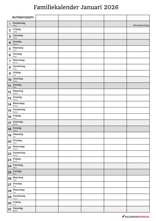 Familiekalender 2026 5personen