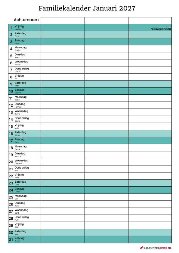 Familiekalender 2027 3personen