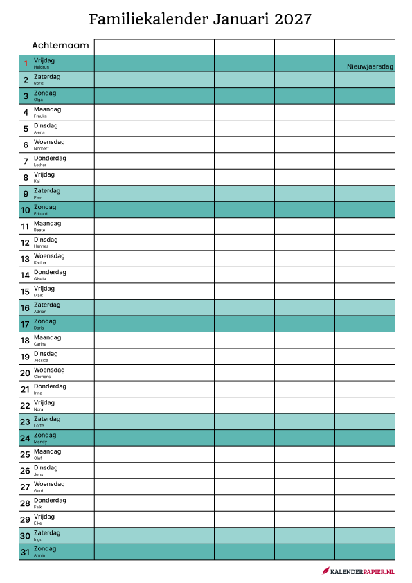 Familiekalender 2027 5personen