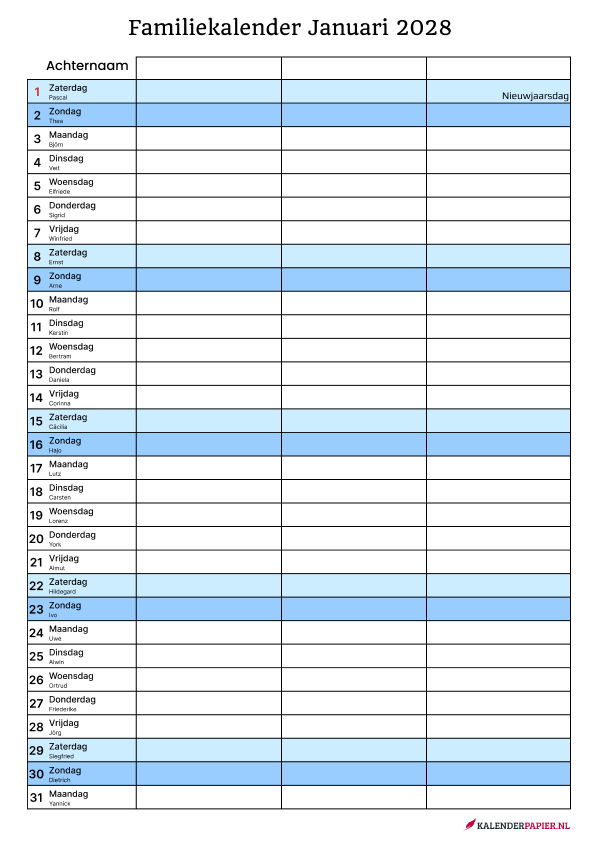 Familiekalender 2028 3personen