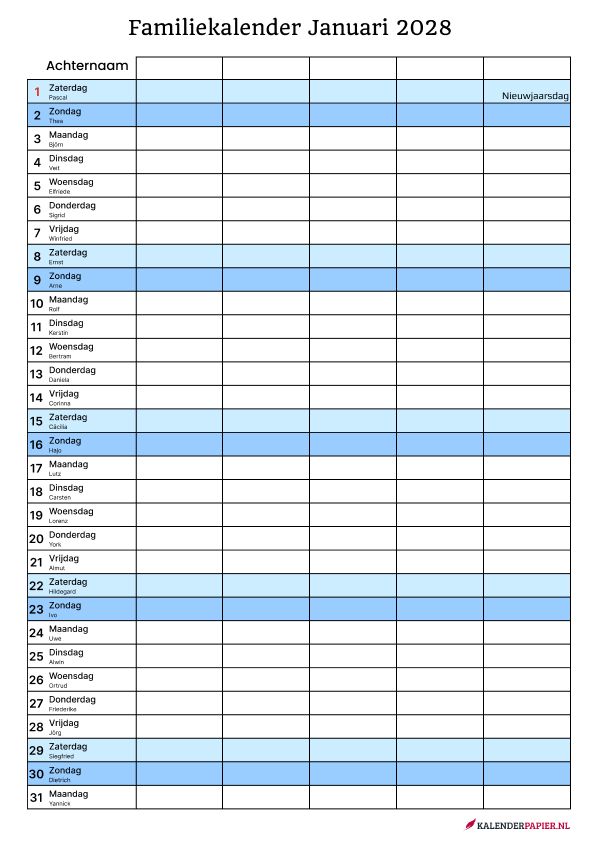 Familiekalender 2028 5personen