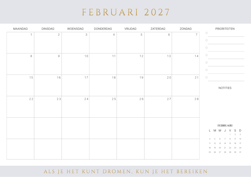 Kalender februari 2027 Bruin