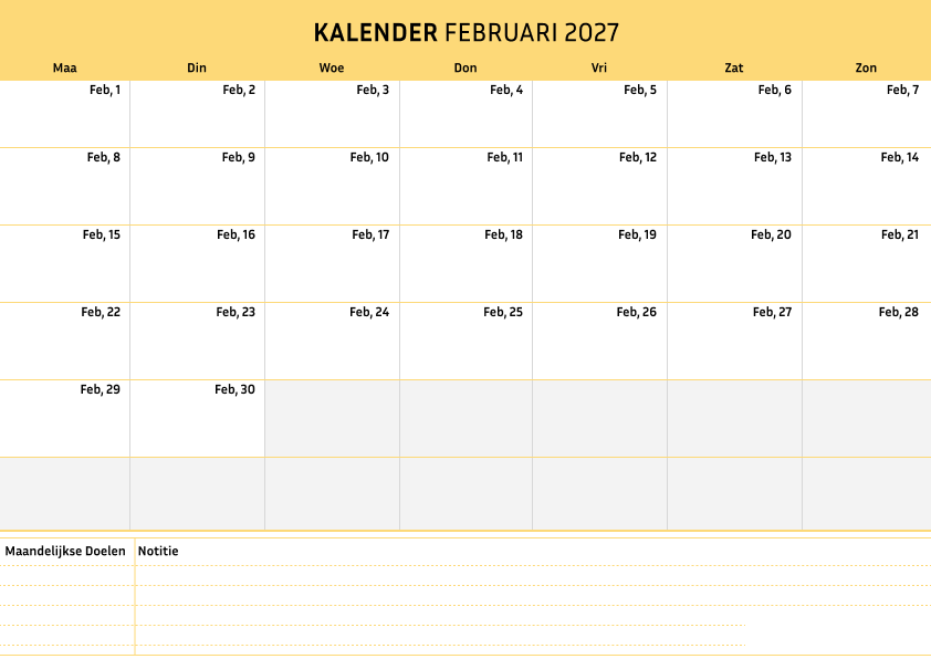 Kalender februari 2027 Cremekleur
