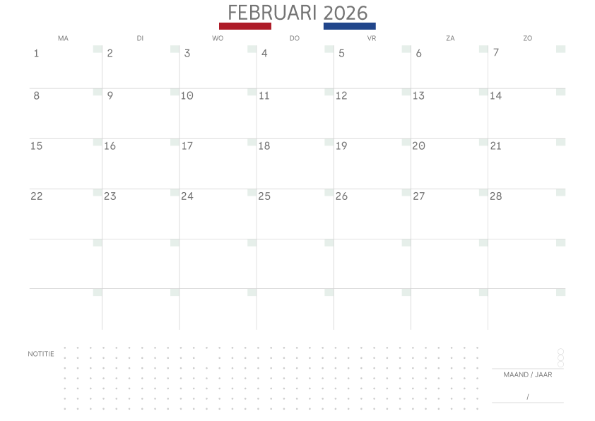 Kalender februari 2027 Met Feestdagen Notities Salie