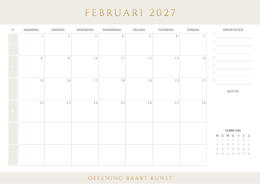 Kalender februari 2027 Met Weeknummers Prioriteiten Latte