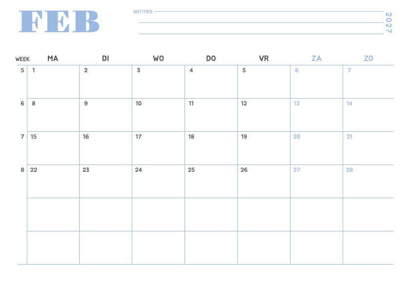 Kalender februari 2027 Minimalistisch Hemelsblauw