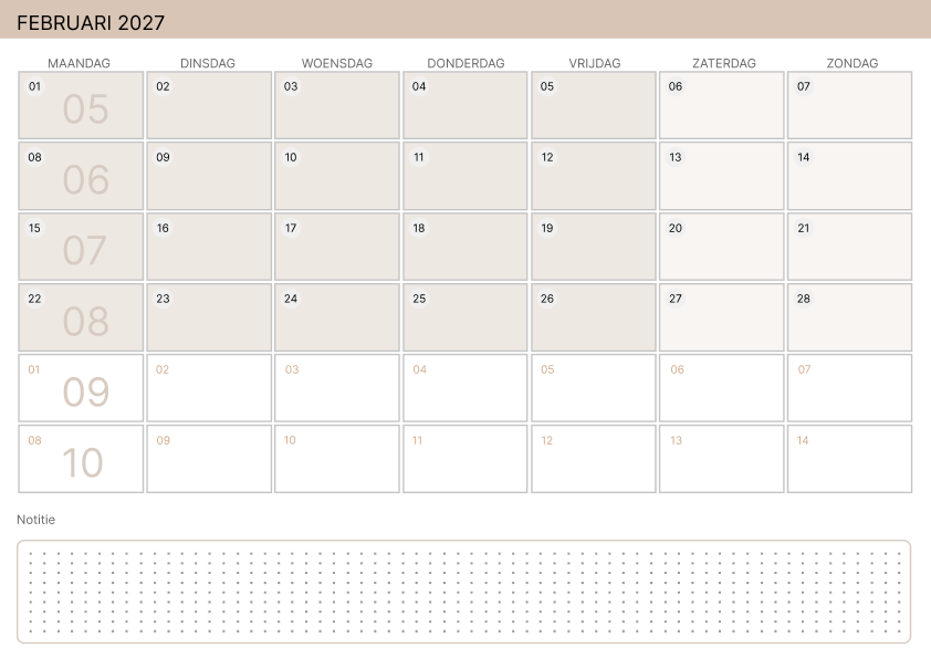 Kalender februari 2027 Zachtgeel