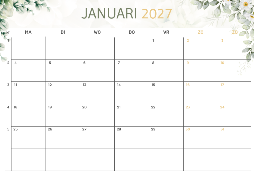 Bloemenontwerp Kalender Januari 2027 - Variant 1