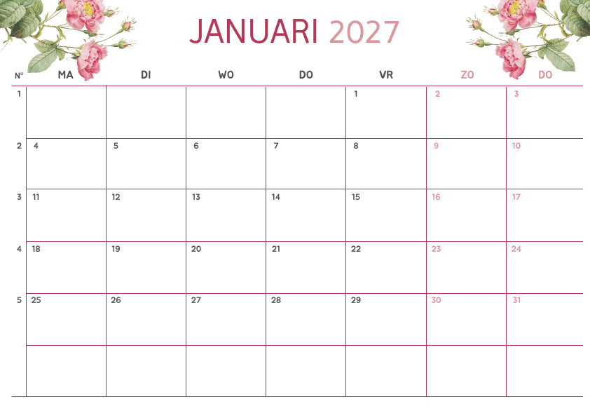 Bloemenontwerp Kalender Januari 2027 - Variant 2