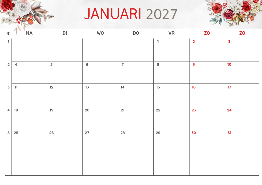Bloemenontwerp Kalender Januari 2027 - Variant 3