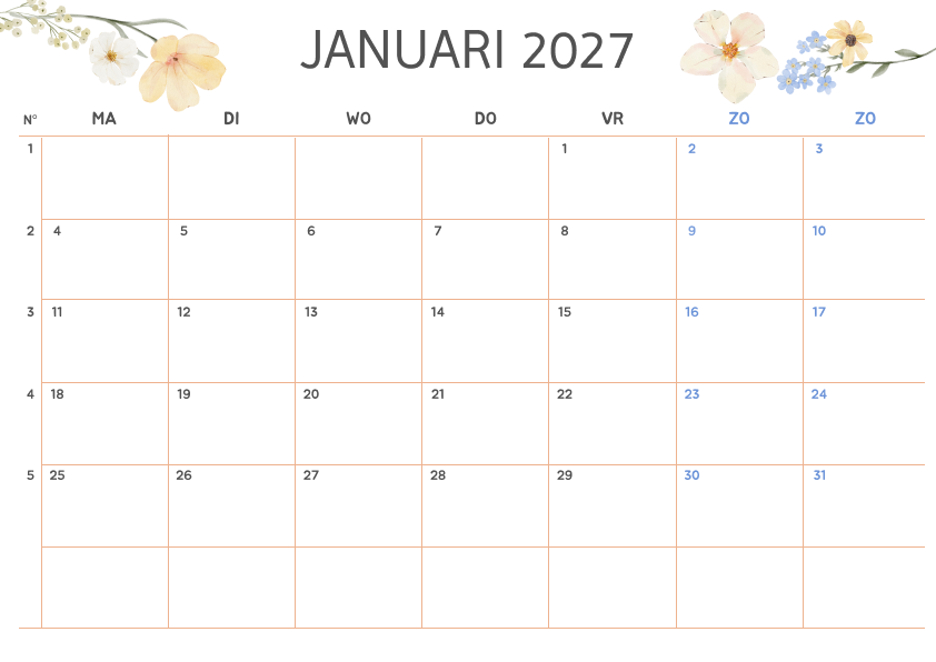 Bloemenontwerp Kalender Januari 2027 - Variant 4