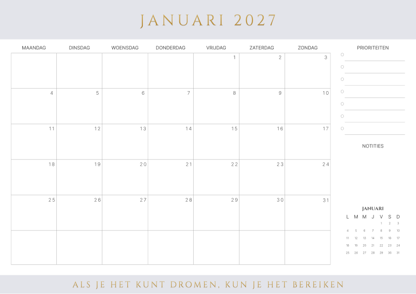 Kalender Januari 2027 Bruin