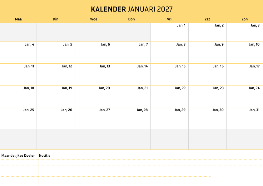 Kalender Januari 2027 Cremekleur