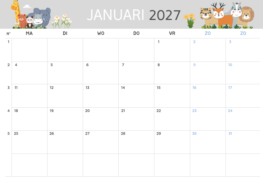 Kinderontwerp Kalender Januari 2027 - Variant 1