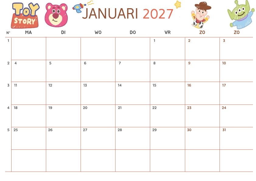 Kinderontwerp Kalender Januari 2027 - Variant 2