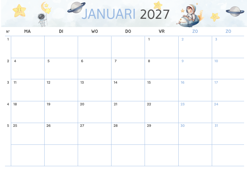 Kinderontwerp Kalender Januari 2027 - Variant 3