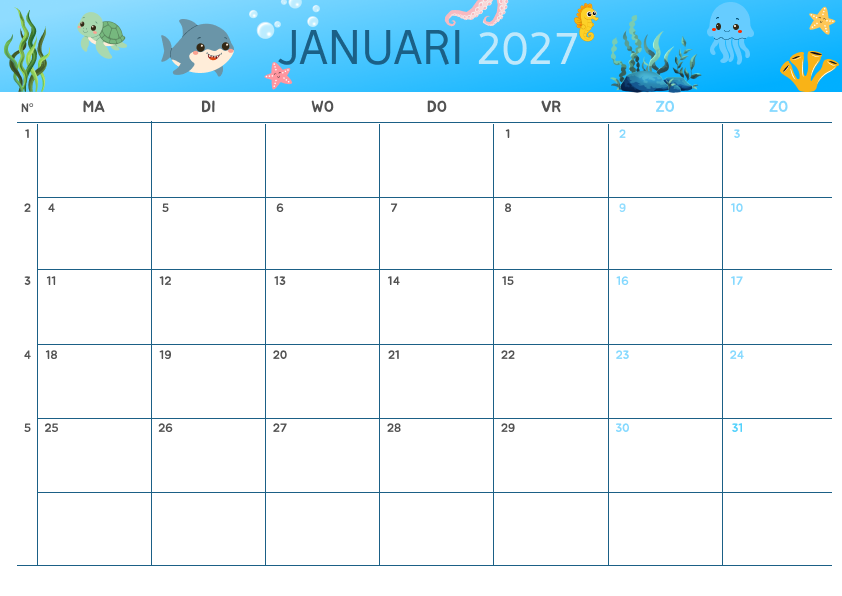 Kinderontwerp Kalender Januari 2027 - Variant 4
